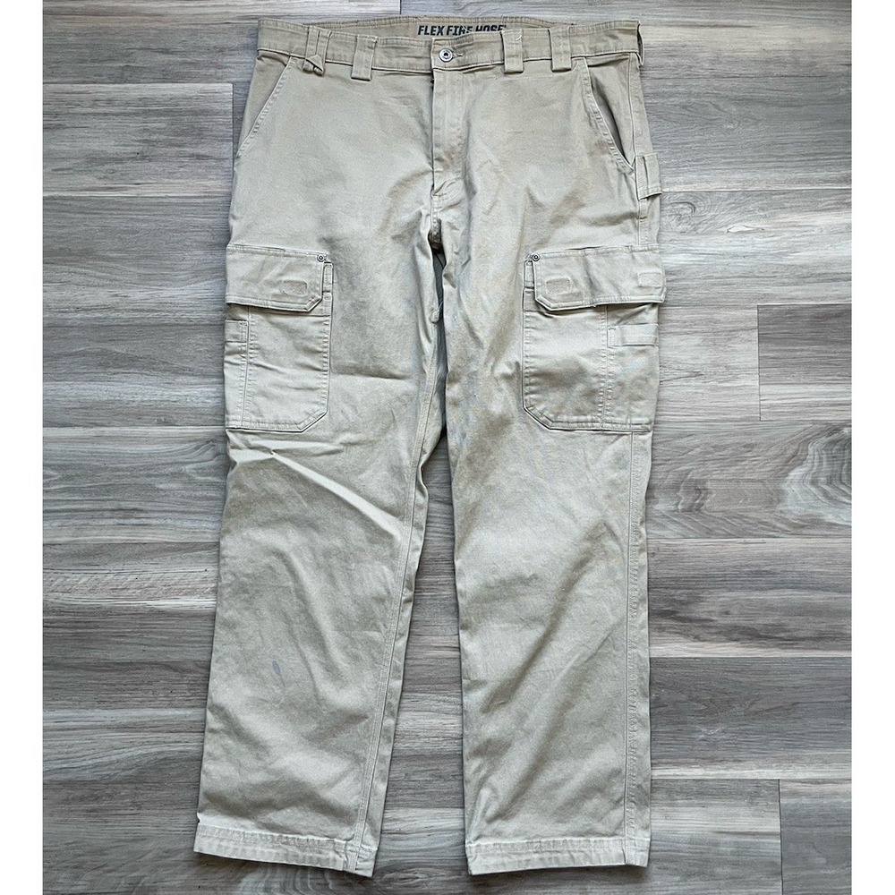 Duluth Trading Pants Mens 39x31 Flex Fire Hose Cargo Beige Canvas Workwear Relax